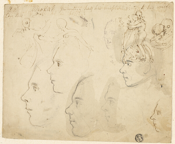 Sketches of Male Profiles, Couple Embracing