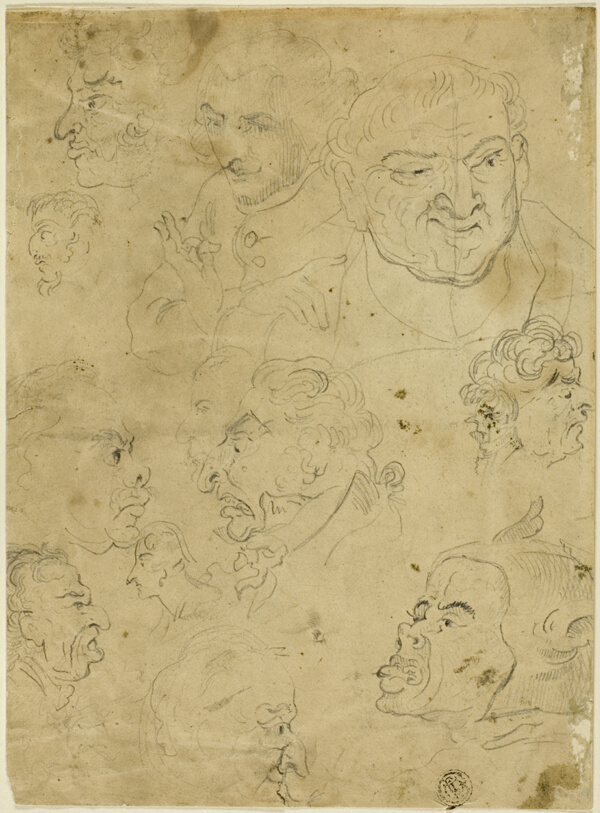 Sketches of Caricature Heads (recto), and Various Small Figures (verso)