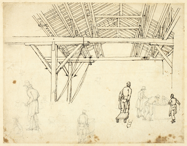 Rejected Study, possibly for an illustration of the Custom House, from Microcosm of London (recto); Sketches of Workers with Barrels (verso)