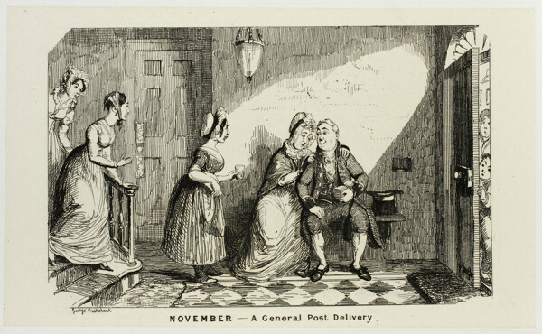 November - A General Post Delivery in Opposition from George Cruikshank's Steel Etchings to The Comic Almanacks: 1835-1853