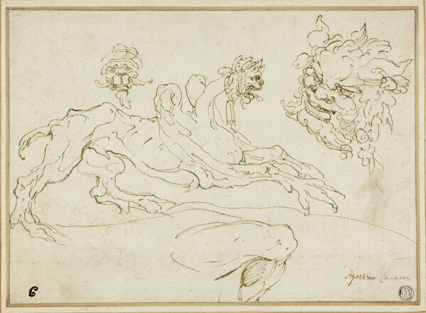 Four Sketches: Griffin, Grotesque Head, Head of Satyr, Bent Leg