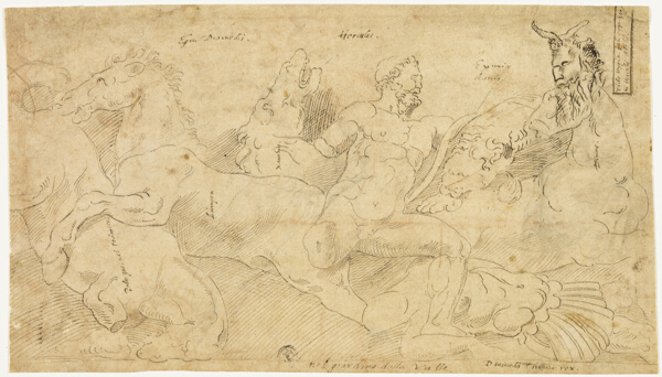 Ancient Relief with Hercules and the Mares of Diomedes (recto); Two Sketches: Draped Satyr and Winged Female Figure (verso)