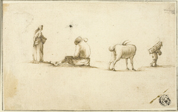 Sketches of Standing Woman, Seated Man, Goat, and Man Carrying Box on Back
