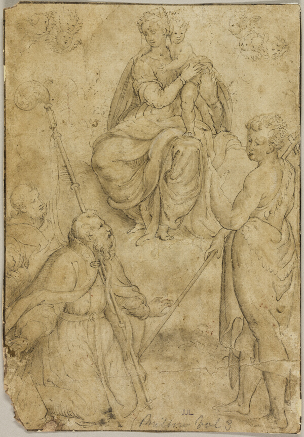 Seated Virgin and Child with Bishop Saint and Monastic Saint, and Saint John the Baptist