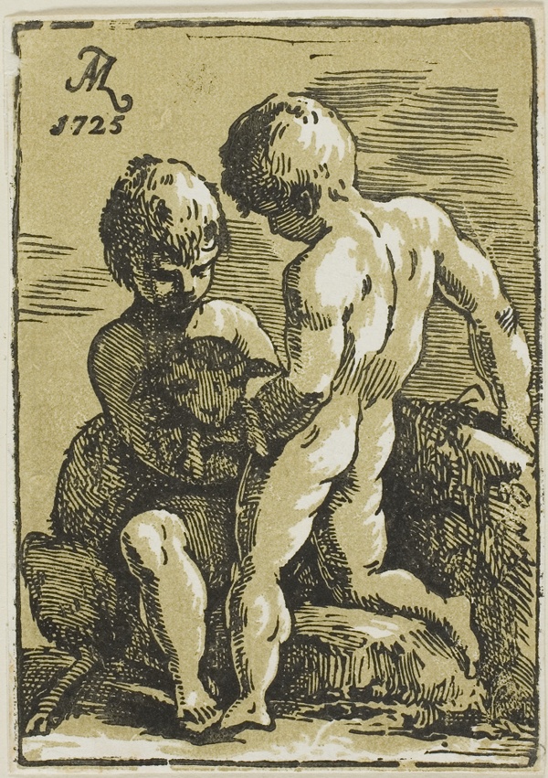 Two Children Petting a Lamb