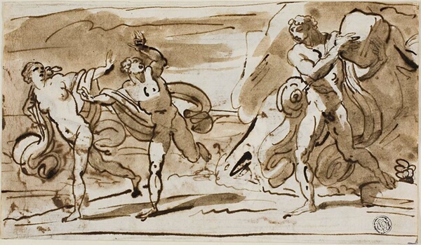 Polyphemus Throwing Boulders at the Fleeing Aeis and Galatea (recto); Polyphemus Playing His Reed Pipes for Galatea (verso)
