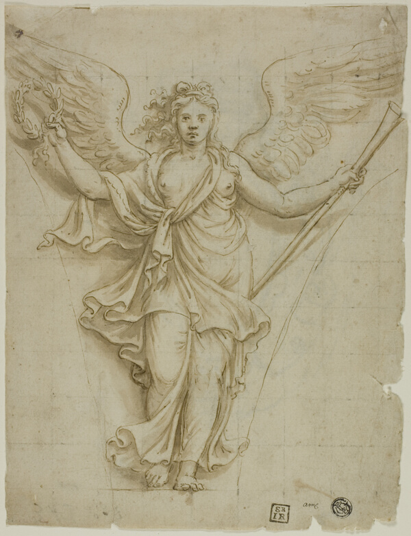 Spandrel Design with Allegorical Figure of Fame (recto); Design for Coat of Arms (verso)