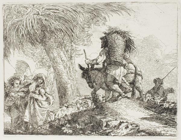Mary, Helped by an Angel, and Joseph Carrying the Basket, Passing a Flock, plate 24 from The Flight into Egypt