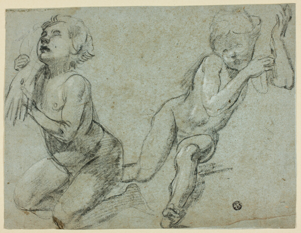 Sketches of Two Putti, One Holding Hand of Dead Christ (recto); Torso and Legs of Kneeling Figure (verso)