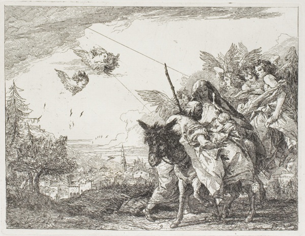 Joseph Adoring the Child, who is Held in Mary's Arms, plate nine from The Flight into Egypt