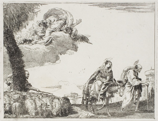 The Holy Family Walking Along a City Wall. On the left, a Shepherd with his Flock and God the Father, plate eight from The Flight into Egypt