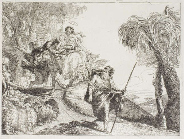 The Holy Family Descending a Forest Path, Near a Flock and Some Shepherds, plate 21 from The Flight into Egypt