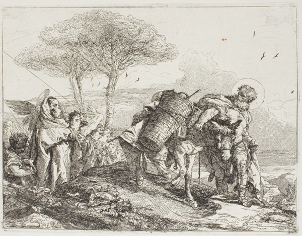 Mary, Helped by Two Angels, Follows Joseph with the Donkey, plate 25 from The Flight into Egypt