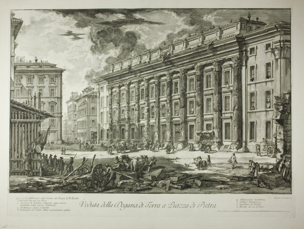 View of the Customs House in Piazza di Pietra, which was built within the ruins of the Temple of Marcus Aurelius Antoninus Pius in his Forum, from Views of Rome