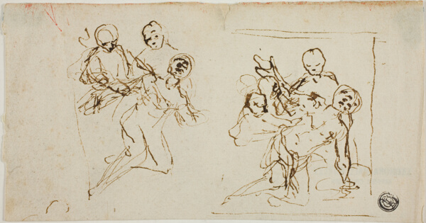 Two Composition Sketches of Collapsing Figure Supported by Two Other Figures (recto); Compositional Sketch of Kneeling Figure Accompanied by Two Other Figures