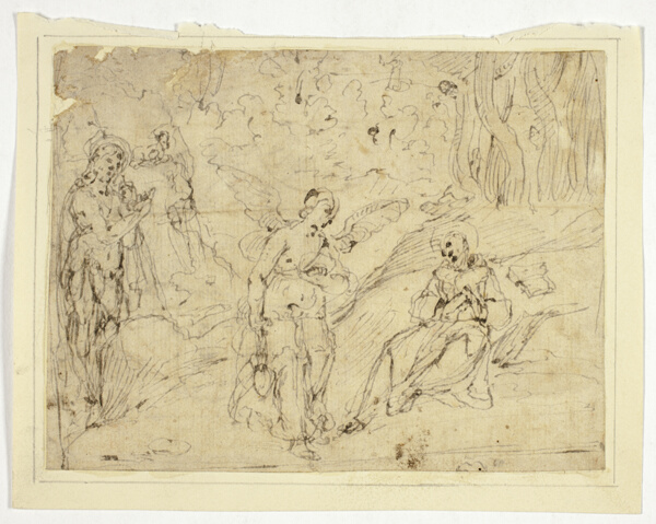 Angel Appearing to Saint Francis of Assisi, with Saint John the Baptist in the Background (recto); Saint Francis Supported by Two Angels, with Sketch of Upper Portion of Monk's Habit