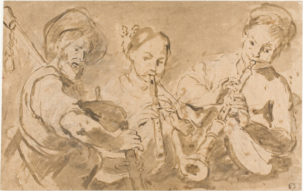 Three Musicians Playing Horns and Pipe