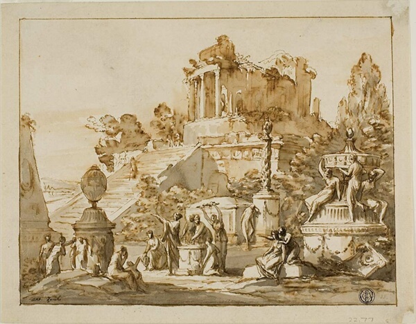 Classical Landscape with Ruined Temple on Hill, Female Figures Below