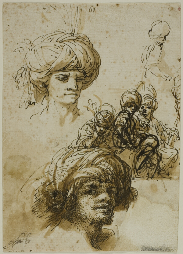 Sketches of Turbanned Men (recto); Fragment of a Figure and Sketches of Foliated Architectural Ornament (verso)