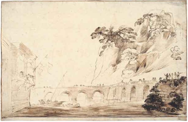 Landscape with a River Crossed by a Bridge, Lined with Spectators, Leading to a Building with an Overhanging Loggia with a Party of Onlookers