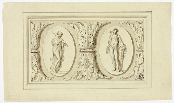 Two Medallions with Standing Figures of Omphale and Bacchus, Separated by Design of Acanthus Leaves