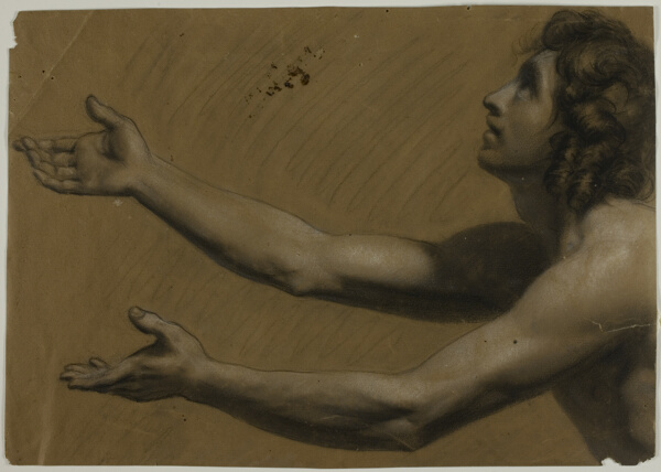 Young Man Looking Upwards with Outstretched Arms (recto); Woman Holding Mirror (verso)