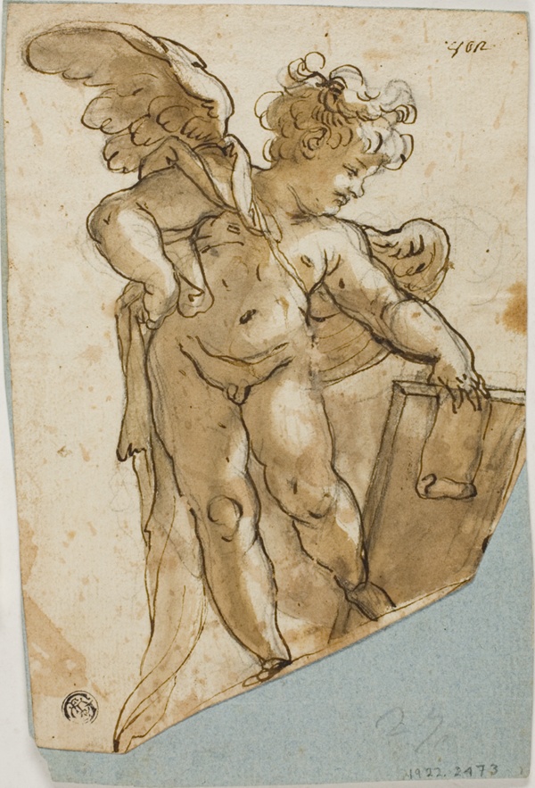 Standing Putto Holding Tablet
