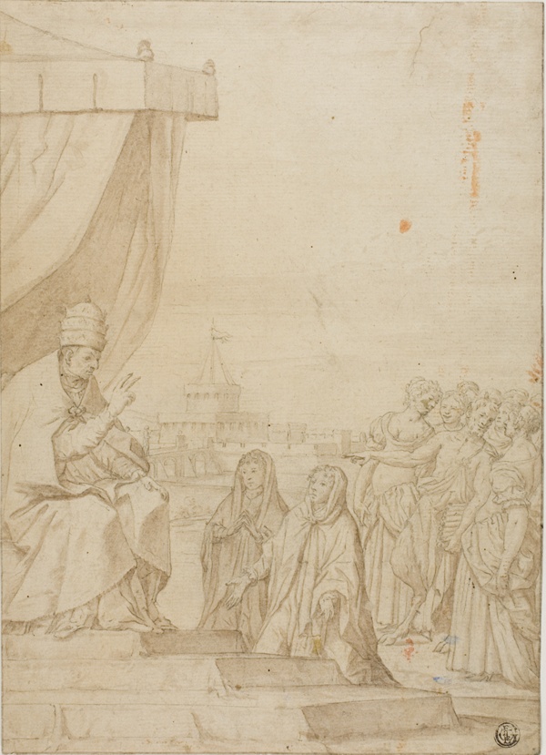 Pope Blessing Two Women in the Presence of Satyr and Assembled Women with Castel Sant Angelo in the Background