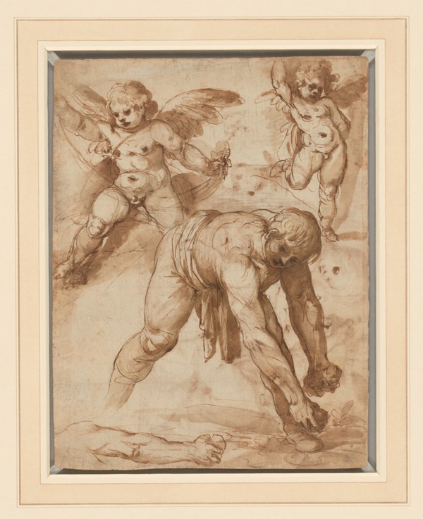 Studies of a Figure Bending Over, Two Putti, and an Arm (recto); Rest on the Flight into Egypt (verso)