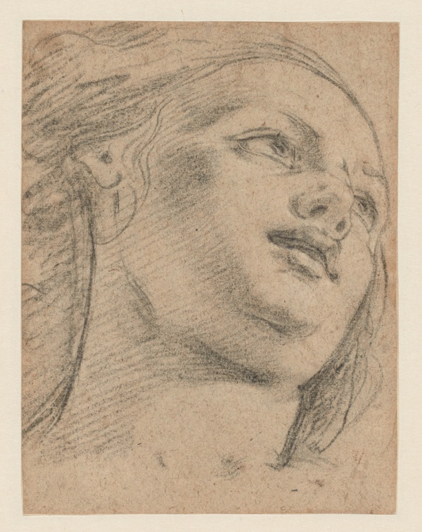 Female Head Study Looking Up to Right (recto); Study of Two Figures Supporting an Object (verso)
