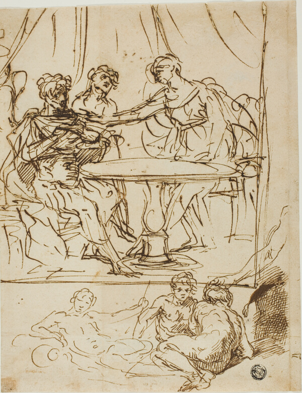 Judith with the Head of Holofernes and Sketches of River Gods (recto); Female Head, Looking Upwards (verso)