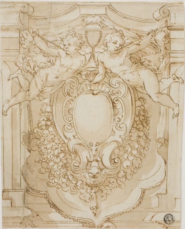 Shield of Cardinal with Two Trumpeting Putti