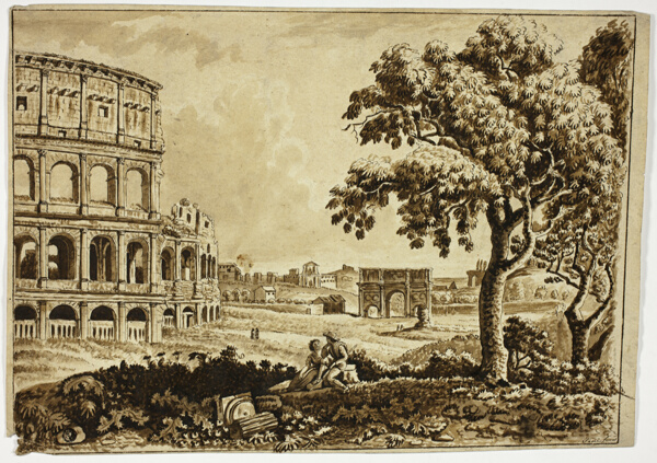 View of Roman Colosseum and Arch of Titus, with Couple in Foreground