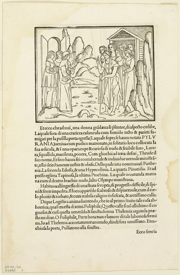 Poliphilus Meeting the Venerable Matron (recto) and Poliphilus in a Rocky Place (verso) from Hypnerotomachia Poliphili (The Strife of Love in a Dream) Plate 54 from Woodcuts from Books of the 15th Century