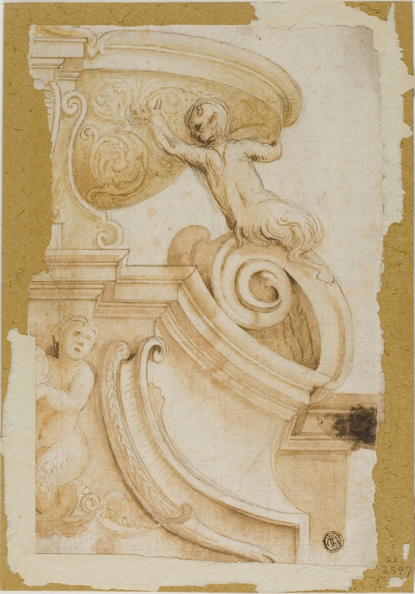 Design for Architrave with Ornamental Scrollwork, Satyr, and Sea Nymph