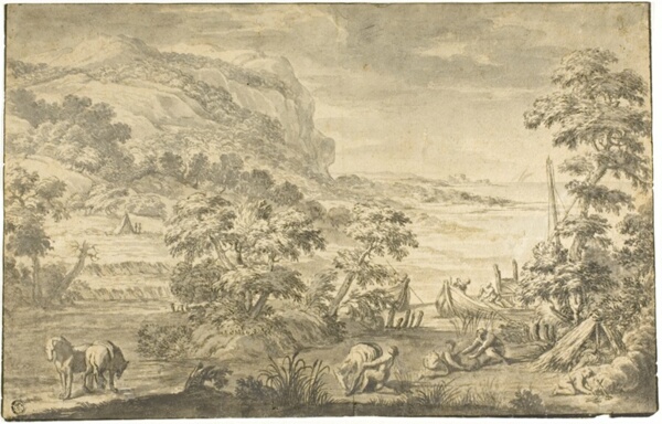 Italianate Coastal Scene with Fishermen, Encampment (recto); River Estuary (verso)