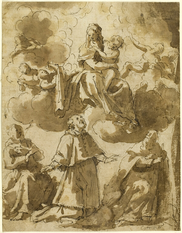 Madonna and Child in Glory, with Three Male Saints Below