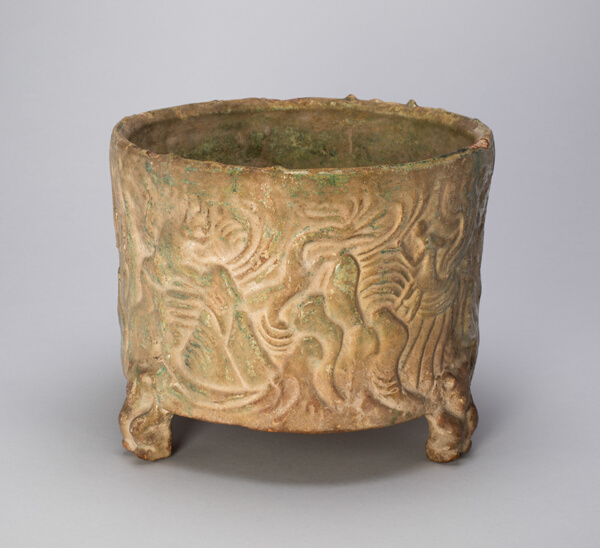 Tripod Cylindrical Jar (Lian or Zun) with Creatures Amid Hills, Bear-Shaped Feet