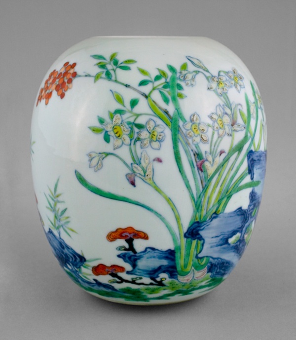 Jar with Narcissus, Nandina Berries, Lingzhi Mushrooms, and Rocks