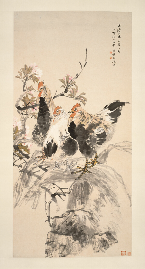 Roosters and Blossoming Apricots 雄鸡图