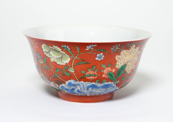 Bowl with Flowers on a Coral-Red Ground