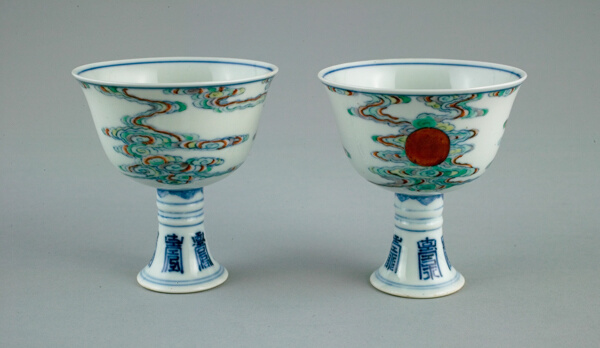 Pair of Stem Cups with Sun amid Clouds and Stylized Characters for “Long Life” (Shou)