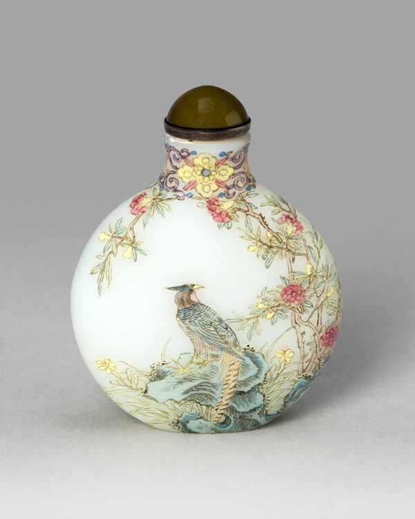 Snuff Bottle with Golden Pheasant, Swallows, Tree Peony, Apricot Blossoms, and Willow