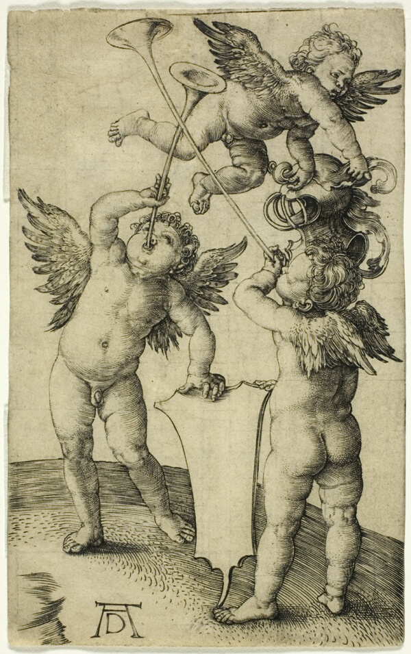 Three Putti with Shield and Helmet
