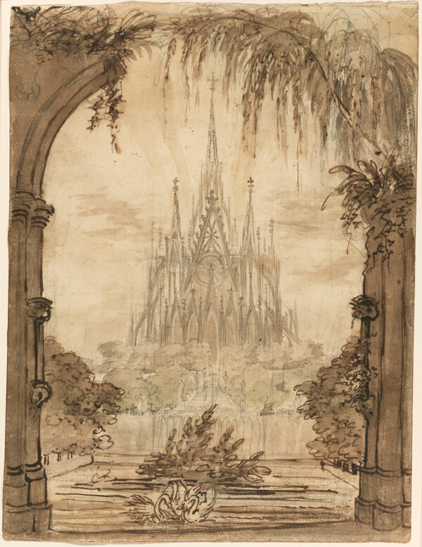 Gothic Cathedral Behind a Pond with Swans