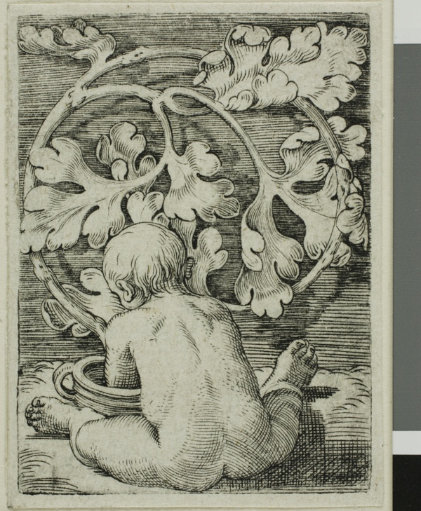 Naked Child, Seen From Back Seated in Front of a Vessel