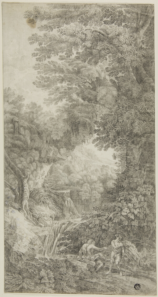 Forest Scene with Waterfall and Two Figures