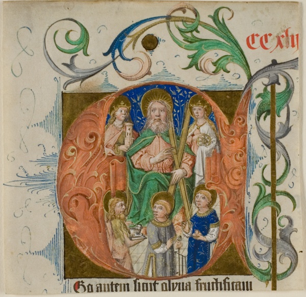 Saints Barbara, Catherine, Andrew, John the Baptist, Lawrence and Thomas à Beckett in a Historiated Initial 