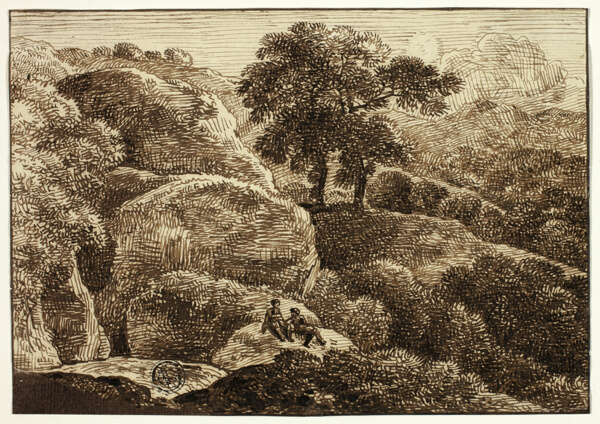 Two Figures Resting on Hillside near Two Trees