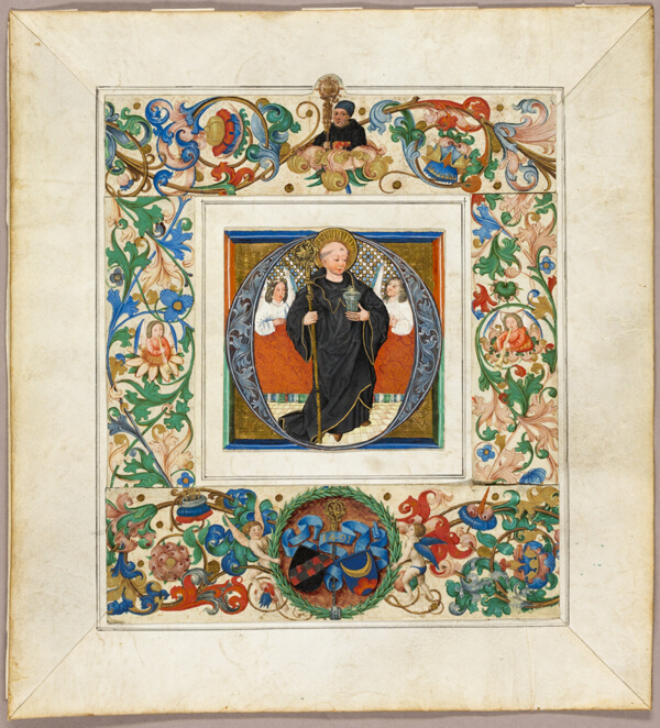 Saint Benedict, initial ‘O’, with border fragments from a Missal